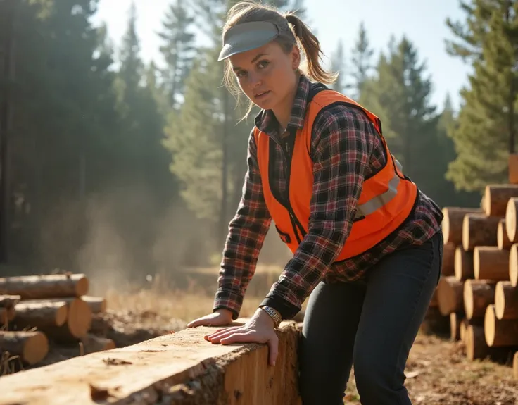 In a cinematic shot of a sun-drenched, sparse coniferous forest, a determined 45-year-old woman expertly operates a hydraulic log splitter. Her hair, neatly tied in a practical ponytail, bounces lightly as she focuses intently on her task. She wears a stur...