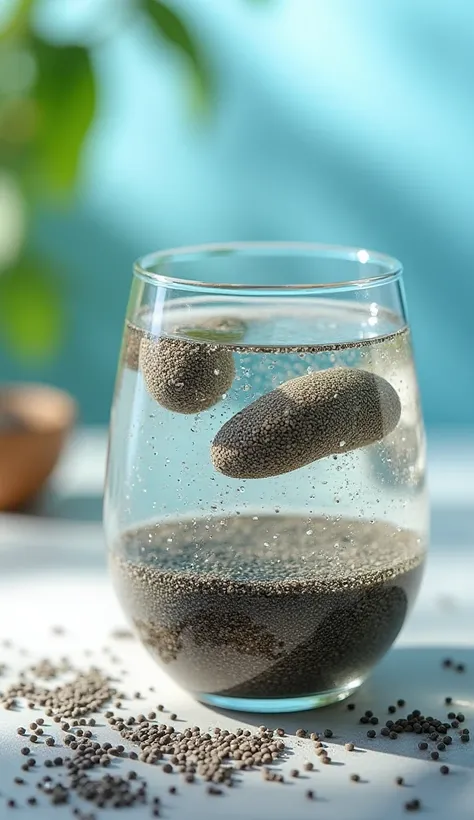 "An ultra-realistic, studio-quality image of chia seeds soaked in water as the central focus. (((Lighting: bright, natural daylight with studio precision, creating a clean and vibrant atmosphere that emphasizes the translucent, gel-like texture of the chia...