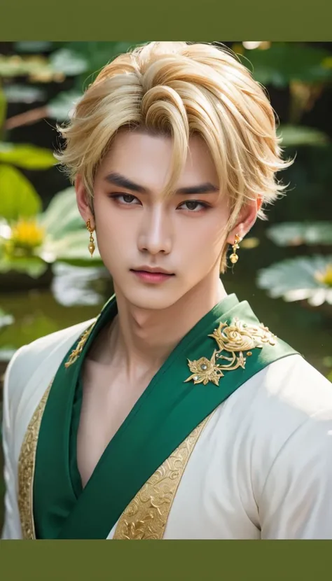  close-up of a person dressed in gold and white, Beautiful androgynous prince, A delicate androgynous prince, Cai Xukun, ヤンジュン・チェント,  beautiful male elf ,  Portrait of a Magical Blonde Prince , Inspired by Bian Shoumin , Demon Slayer-style handsome man, Ha...