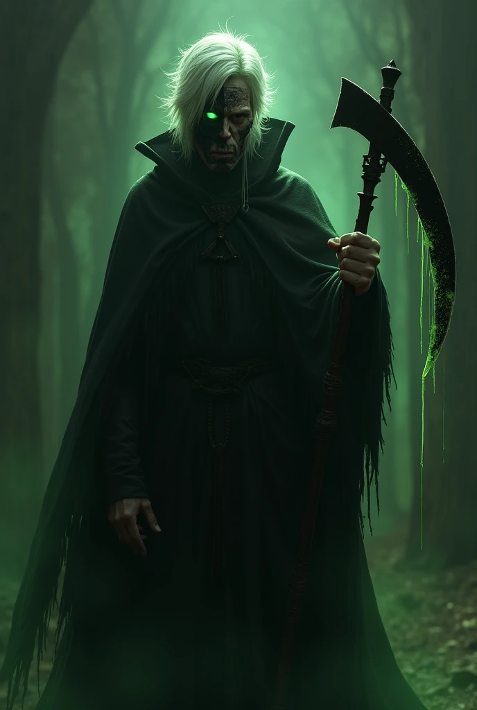 Create an image of a fully shadowed male entity with half of the right face burned and the matte of the left face being just a black shadow, green eyes and white hair with a black sickle with the blade shedding something green and that appears to be  and t...