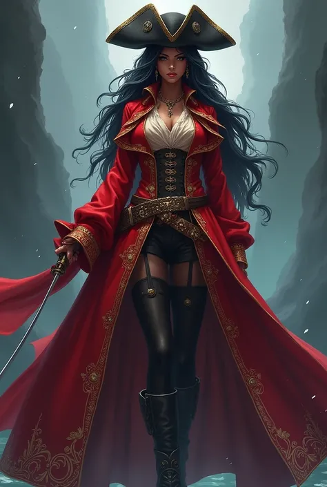 6 feet tall Black skin women that wears red pirate outfit and she is the goddess of the pirates, anime art style, full body portrait