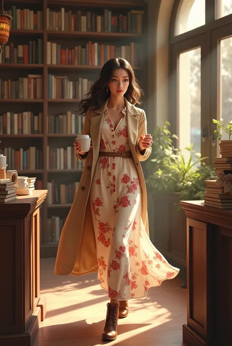 A woman in a cream and red floral dress with long sleeves, paired with a beige trench coat and ankle boots, walking through a cozy bookstore, holding a cup of coffee in hand.

