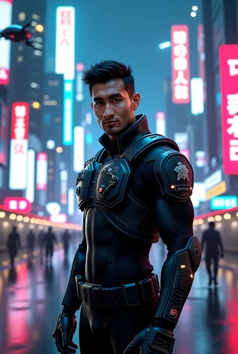 Draw a futuristic cop,  handsome man ,  short black hair . Background of a futuristic city with neon and night.  ultra realistic . 4k.  Cinematic   