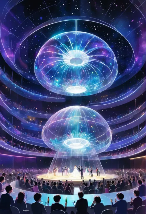 Hand-drawn style：Under a transparent dome, central floating stage, holographic fireworks surrounding it, circular dynamic light tracks, robots performing, guests wearing glowing outfits, holding transparent glasses, long tables below the stage filled with ...