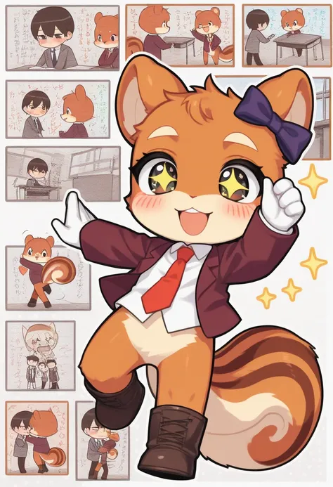 boy and girl, squirrel, furry, bodyfur, hair, tail, blazer, shirts, tie, bottomless, hair bow, white gloves, boots, chibi, sparkling eyes, happy, full body, blush, classroom, couple, from below, dancing, color tights