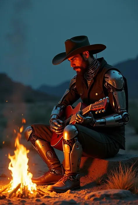 A cowboy with a robotic body, sitting next to a campfire, playing a guitar. The atmosphere is lonely at night.