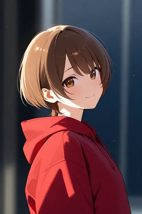 brown-haired shorthair girl wearing red hoodie