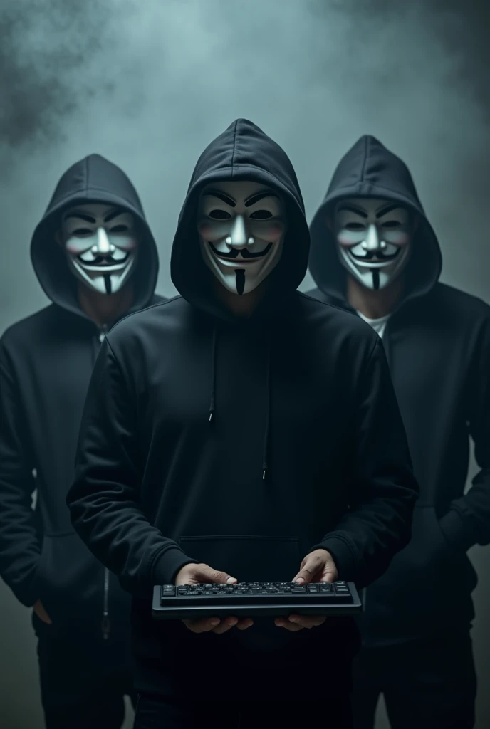  A group of people wearing Guy Fawkes  ( known by the Anonymous movement ) and black hoodies ,  dramatically positioned .  The setting is shrouded in smoke or fog ,  with a dark and mysterious tone ,  transmitting an atmosphere of anonymity and conspiracy ...