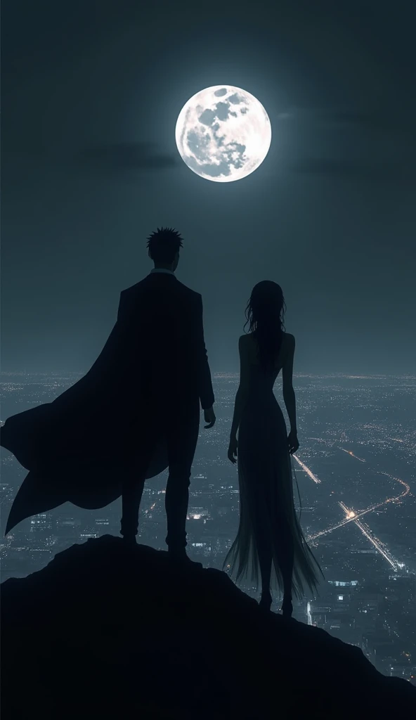 black moon light. man and sexy woman. Anime style. atmosfera oscura. black tones. Man and sexy woman watching the dark city and the black moon light in the distance standing on a mountain. Personajes cono siluetas.  Man dressed elegantly with a cape. Sexy ...