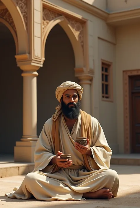 AI image, Prophet Musa sitting cross-legged, his right and left hands holding 2 small vessels, background of the Madina house