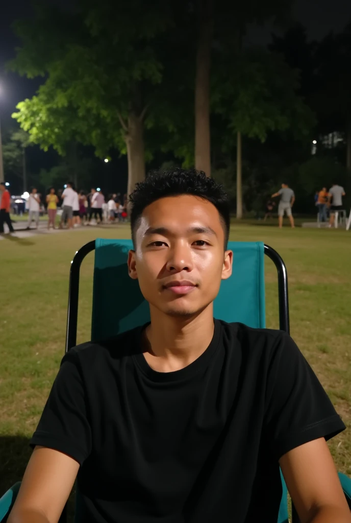 A young Indonesian man with curly bald hair and wearing a plain black shirt faces the camera while sitting on a lawn chair at night with a city park, trees, and some people around him in the background.

Diterjemahkan dengan DeepL https://www.deepl.com/app...