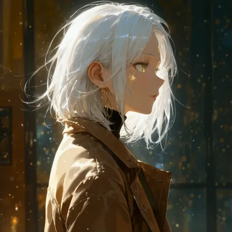  Woman with white hair and golden eyes , casual wear with a brown jacket ,  in white leather,  having a beautiful outline and some shadows that highlight her eyes