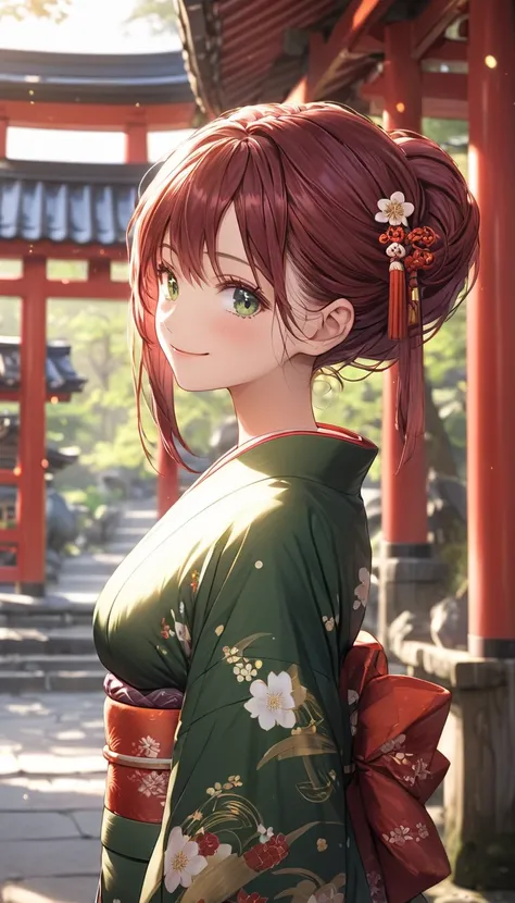 best quality,２D,1 girl,19yo,slender,fair skin,long hair,burgundy color hair,layer cut hair, chignon hair, kanzasi, dark green eye,smile,looking up, enjoy, red cheek, medium breast, Blue kimono, shrine, blurry background, from front, full body, natural ligh...