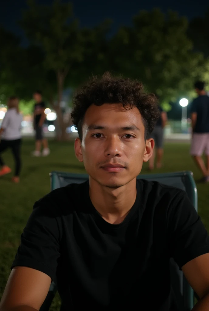 A young Indonesian man with curly bald hair and wearing a plain black shirt faces the camera while sitting on a lawn chair at night with a city park, trees, and some people around him in the background.

Diterjemahkan dengan DeepL https://www.deepl.com/app...