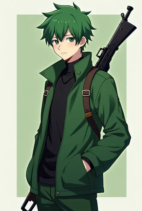 Assemble the character Green he is the character from GTA Rp he is a Korean character with green hair make him have a ninja costume with black and I describe his hair is curled up and leave him on the back with an ak 47