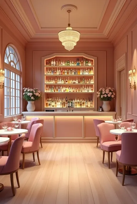 Prompt: An elegant and tidy bar, with polished light wood floors and walls, conveying a cozy and sophisticated atmosphere. A delicate golden chandelier hanging from the ceiling gently illuminates the room. There are several tables well distributed througho...