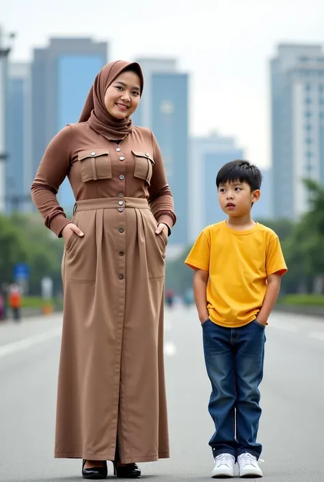 An Indonesian woman is wearing light brown hijab, light brown tight long sleeved double pocketted button up shirt, light brown high waisted long skirt, and black heeled shoes. The woman has a very tall, huge and muscular figure. The woman is posing a two a...