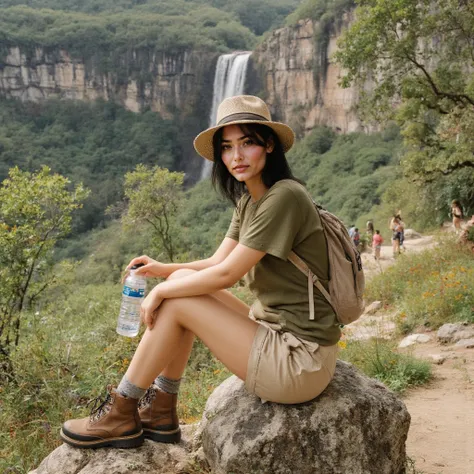 scenario:  The image shows the iconic Chapada dos Veadeiros National Park , in Goiás,  during a spring morning .  Native trees and rock formations surround the scenery ,  with savanna flowers and other colorful plants ,  creating a vibrant and natural envi...