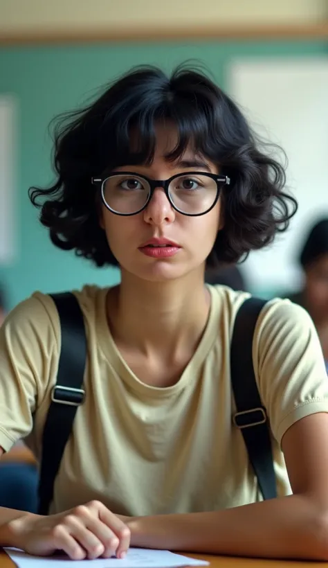  A realistic photo of a 20-year-old.  She has short curly black hair style "triangle top" ou "tri top". Does she wear a nerd or geek outfit.  She wears big round nerd glasses .  Her appearance suggests a nerdy personality , Insecure, sad and bored . Shes i...