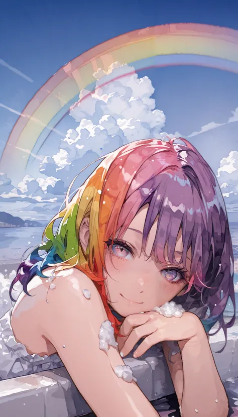 (masterpiece, top quality,  top quality , watercolor ( medium ),  Official Art,  beautiful and aesthetic : 1.2), ( 1 girl: 1.3), ( fractal art : 1.3), , Good , smile,  sunny day,  cheerful,  look viewer,  pattern,  wave, (Rainbow Hair,  colorful  Hair: 1.2...