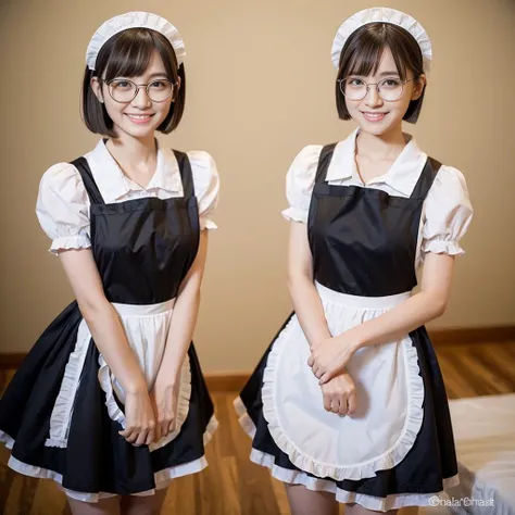 ( top quality :1.5), ( real:1.4), ( Ultra Fine:1.4), (1girl), (18-years-old girl), (normal body), (normal size breasts), ( maid clothes), (normal height), (bangs), ( bob cut), (Glasses), (big smile), (girl with glasses is standing front the plain backgroun...