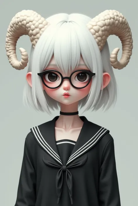  Make me a girl with white hair with sheeps ears with glasses,  eyes color black , pink cheeks a black dress with sailor style 