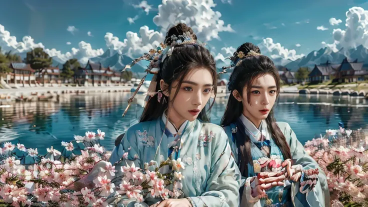 A group of beautiful Chinese girls and handsome Chinese boys, professional influencers, elegant poses, intricate details, ornate clothing, mesmerizing expressions, dynamic composition, cinematic lighting, vibrant colors, ethereal atmosphere, hyper-realisti...