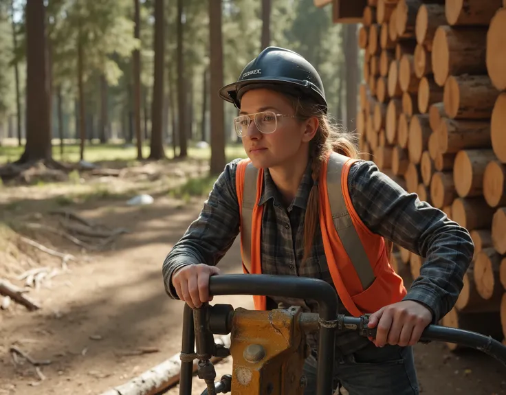 In a cinematic shot of a sun-drenched, sparse coniferous forest, a determined 45-year-old woman expertly operates a hydraulic log splitter. Her hair, neatly tied in a practical ponytail, bounces lightly as she focuses intently on her task. She wears a stur...