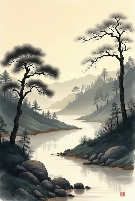 Ink Painting、 Japanese Scenery 、 High Quality 、masterpiece、 Details