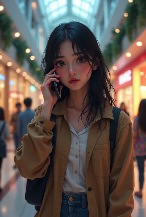 A woman talking in phone in a shopping mall, her eyes in tears while shes talking in phone