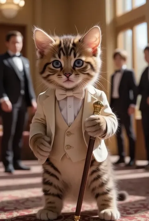 The cutest brown tiger pattern kitten in the world carrying an aristocrats stick and wearing a tuxedo、((Realistic:1.3))、 party venue、Men and women in lots of dresses 