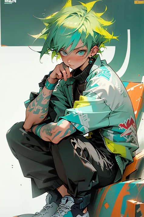 (masterpiece, ultra high quality, detailed), 1 boy, short hair, green hair, turquoise eyes, hip hop clothes, sitting on a bench, background: urban city new york, graffiti text: Aicent Fox