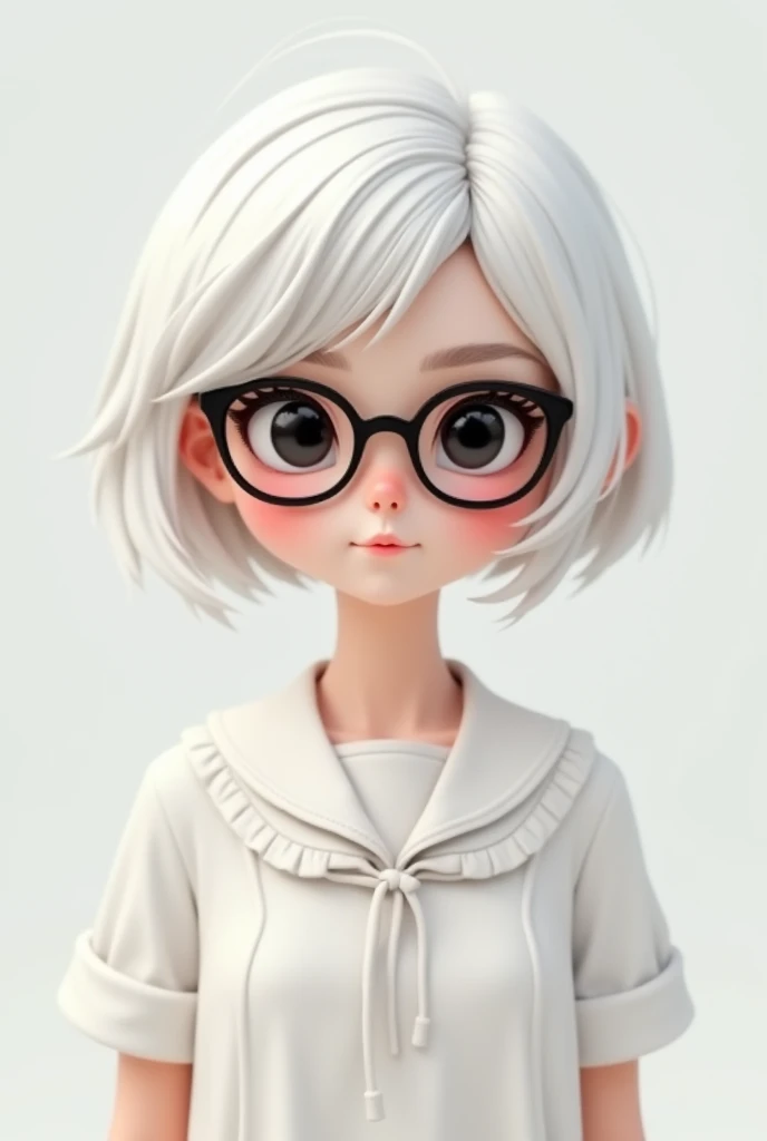  Make me a girl with short white hair with glasses,  pink cheeks,  eye color black , in a white dress with sailor style  