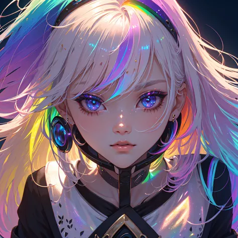 1 girl, gargantilla negra, cute little one, (kpop inactive), (inviting:1), fashion, (  platinum blonde hair  :0.8),  long hair, Dramatic, intense,  iridescent color , (rainbow:1.4),  session, (plano general:1.3), (Delicate images), (highly detailed), (alta...