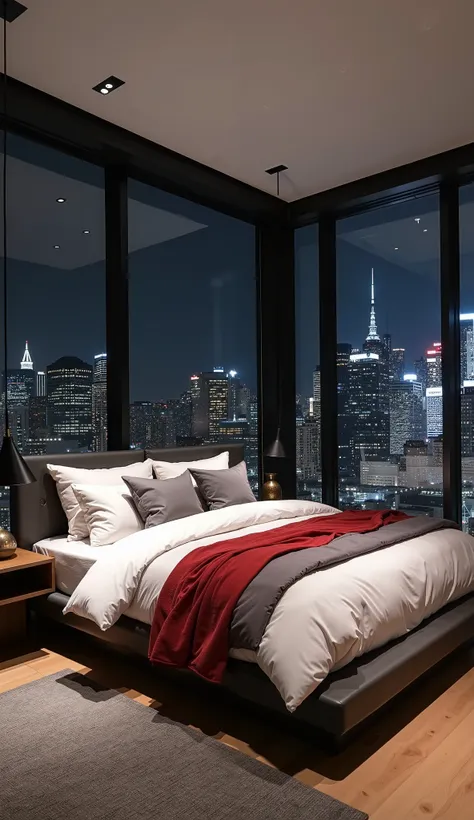 Sophisticated,  floor-to-ceiling windows 、 modern bedroom with panoramic views of the bustling city skyline at night.  The room features modest  ,  platform bed with clean white linens and minimalistic gray duvets .  stylish ,  geometric headboard adds sop...