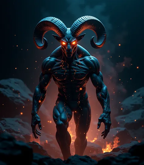 A digital figure emerges from the darkness, its form shifting and flickering as if made of glowing pixels. Its features are both enigmatic and intimidating, with large, curved horns resembling those of a ram. The figures eyes burn with a fierce, unrelentin...