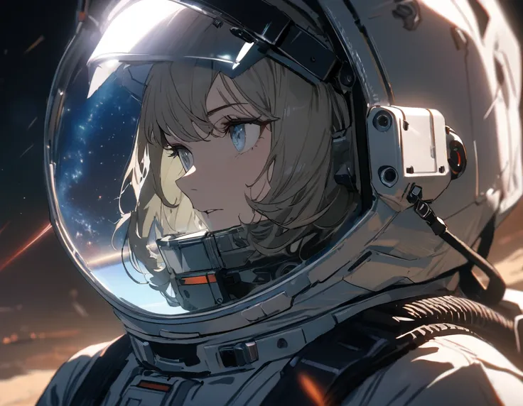 1girl, solo, SyFyEye1, astronaut, spacesuit, clear visor, portrait, looking to the side, glass reflection, standing, outdoors, starry sky, galaxy, lens flare, science fiction, cinematic, filmic, high budget, (masterpiece), (best quality), (ultra-detailed),...