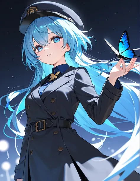  blue hair、Black butterflies are flying around、 long coat