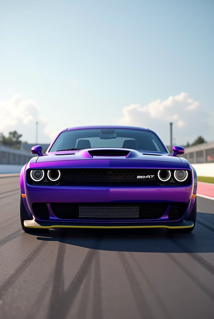 Dodge hallcat purple parked sideways on the racetrack