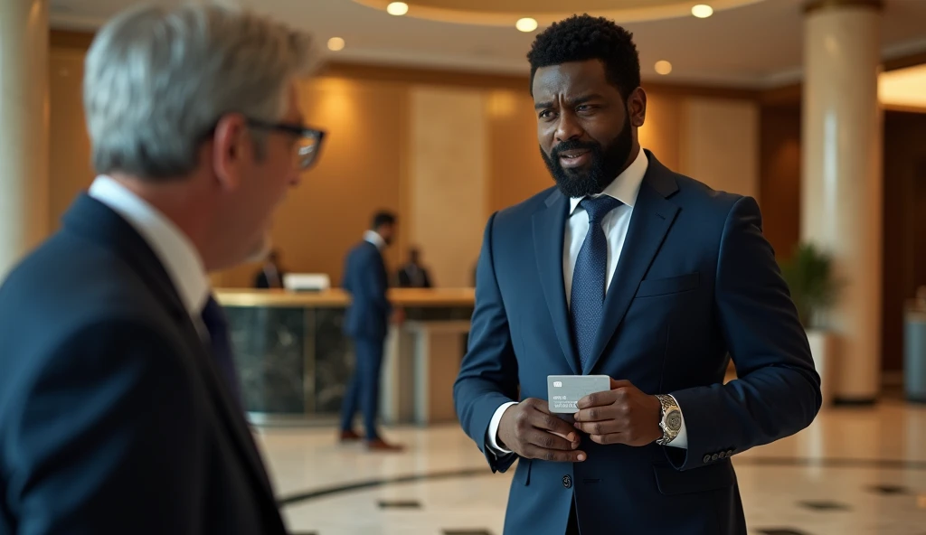 A tense and emotional scene showing a well-dressed Black man in his late 40s with short curly black hair, a neatly trimmed beard, and a navy-blue suit standing inside a luxurious bank. His expression is a mix of disbelief and frustration, holding a Platinu...