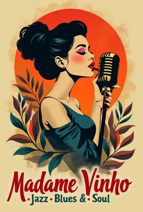 Create an image with the logo of my band called Madame Vinho ,  we will play jazz blues soul The logo has to be something retro with colors and a more retro vintage style 