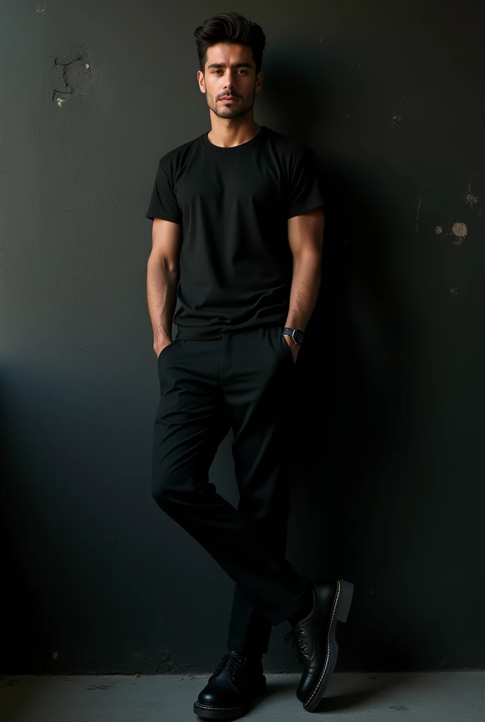 A handsome guy, male model sicilian flare, no beard and moustache, leaning casually against standing a dark urban textured wall with dramatic shadow play, wearing a basic black t-shirt, slim black trousers, and creeper rockabilly shoes. His hands are in hi...