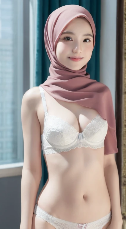 smile( Lace Hijab Bra & [underwear), ((​masterpiece、 quality 、 Full details 、Beautiful picture、 intricate details 、 High Resolution、 lots of details))、 background for this 、8 kood、 digital SLR camera 、 soft light 、高 quality 、Film Grain、XT3 、Deep shallow vi...