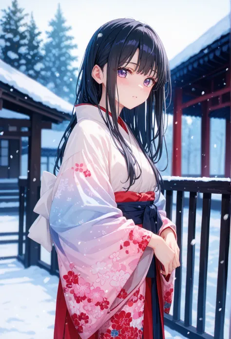 a drawing of a female in a japanese outfit standing , 1girl, solo,inoue takina, japanese clothes,colorful kimono,furisode, purple eyes, long hair, outdoors, looking at viewer, black hair, snow, blush, standing, blurry,detailed background, digital art techn...