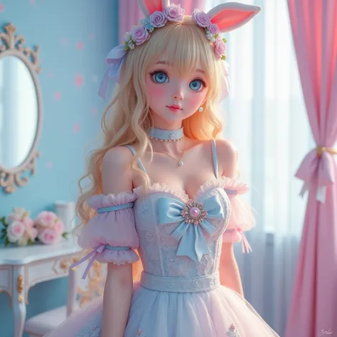 ( top quality 、masterpiece、8k、  highest image quality taken by Ki 、 hyperrealism 、 Award-winning works )、1  cute beautiful girl  、(Alone:1.1)、( 1 photo:1.1)、( cute, ,   Light Pink and Light Blue Sheer Lolita Bunny Girl Dress:1.2)、(Cute  big ribbon:1.1)、(Cu...