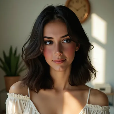  A high-quality profile photograph of a young woman with shoulder-length black hair, against the backdrop of a tidy room flooded with warm natural light ,  showing off her radiant features and relaxed demeanor .