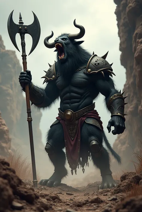 Thunderbolt(Black Minotaur:1.5) Holding a giant two handed axe (Black Minotaur Monster：1.8)，Minotaur standing with an axe, Fierce expression, (Raise your head to the sky and roar:1.8), shudder, Gothic, barroco, Current Spreads, Medieval landscape, Fantasti...