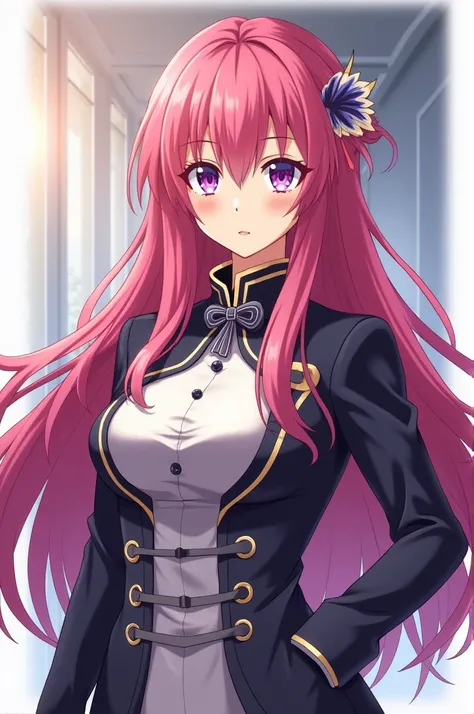  Woman with long pink hair with purple eyes, uniform from the anime Kaiju no 8 ,  anime style 