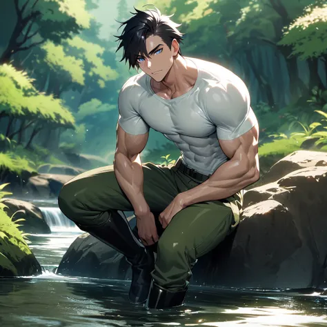 (Loen:0.4), Male man, muscular, tall, blue eyes, black hair, toned abs, white skin, wearing dark green military pants, (wearing white tee-shirt), wearing black military boots,  shiny skin, sitting on rock in small stream, lush green forest hill background,...