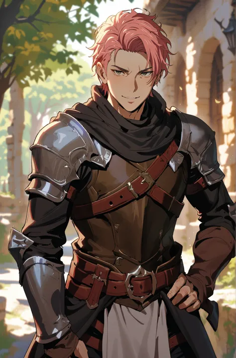 (Masterpiece, best quality, highres)  {{Artist: Sincos}} 1 man, fair skin, handsome, green eyes, full lips, knight, medieval fantasy, day, hand on hip, shoulder pauldrons, black cloak, black undershirt longsleeve, brown torso plating, belt, light crimson p...